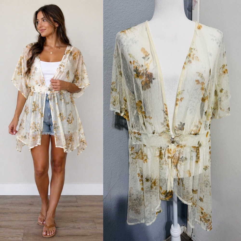 Maurices Womens Floral Mesh Kimono Cardigan Sz 2 Cream Sheer Smocked Cottagecore